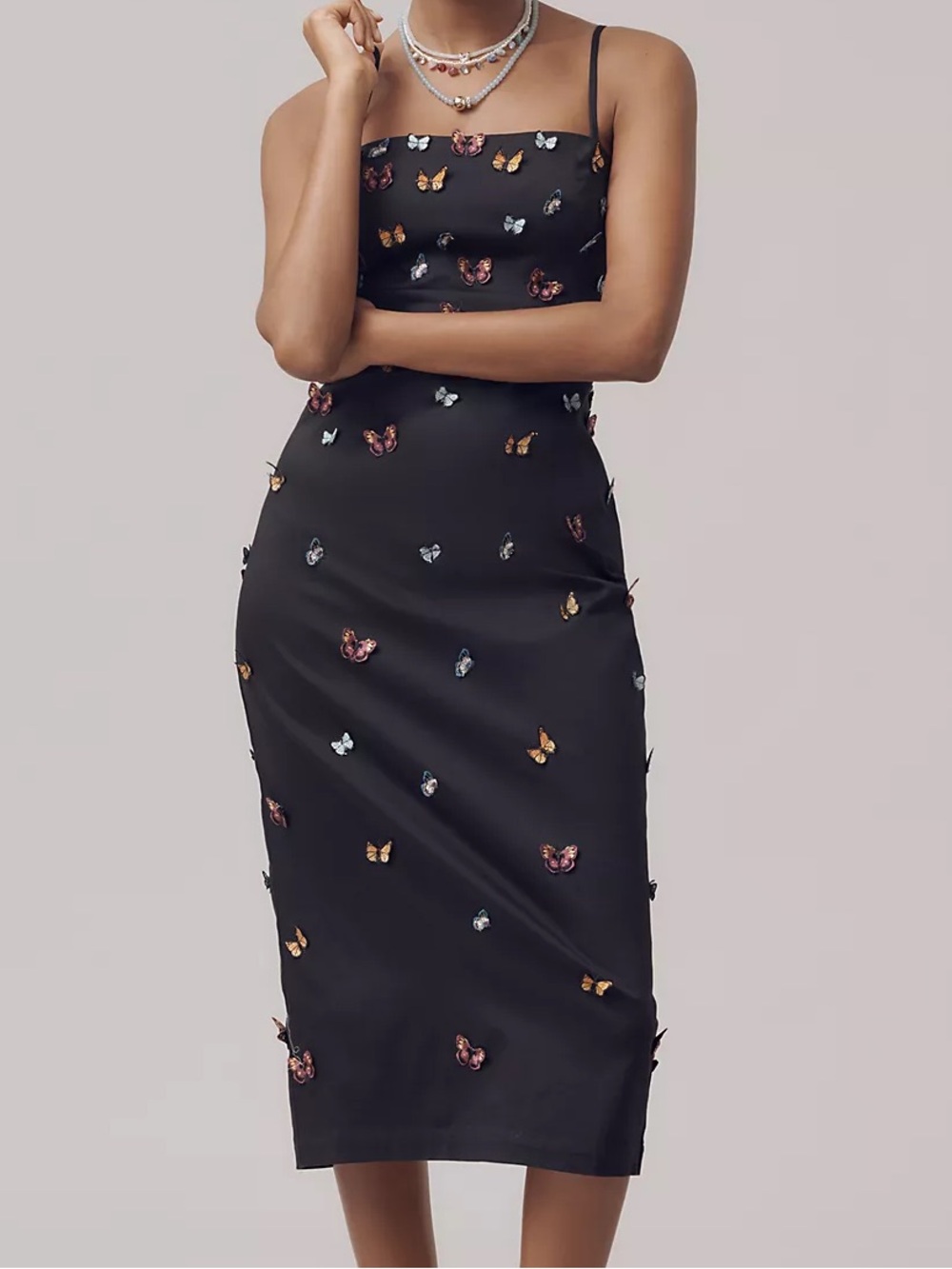 The Brynne 3D Spaghetti-Strap Midi Dress by Maeve Butterfly-Embellished Edition